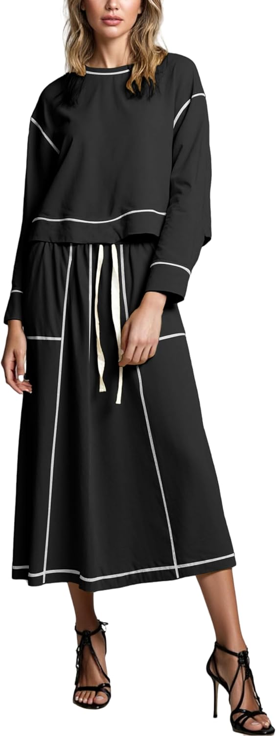 Women’s 2 Piece Skirt Sets Long Sleeve Crewneck Pullover Tops Drawstring Midi Skirt Lounge Set Fall Outfits