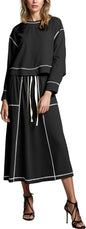 Women’s 2 Piece Skirt Sets Long Sleeve Crewneck Pullover Tops Drawstring Midi Skirt Lounge Set Fall Outfits