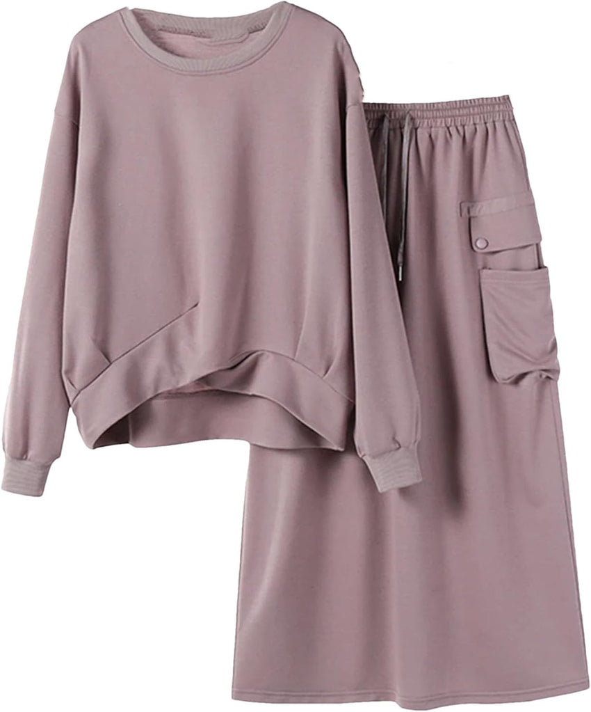 Women Spring Fall Sweatshirts Dress Sets Long Sleeve Hoodies Midi Skirt Two-Piece Set