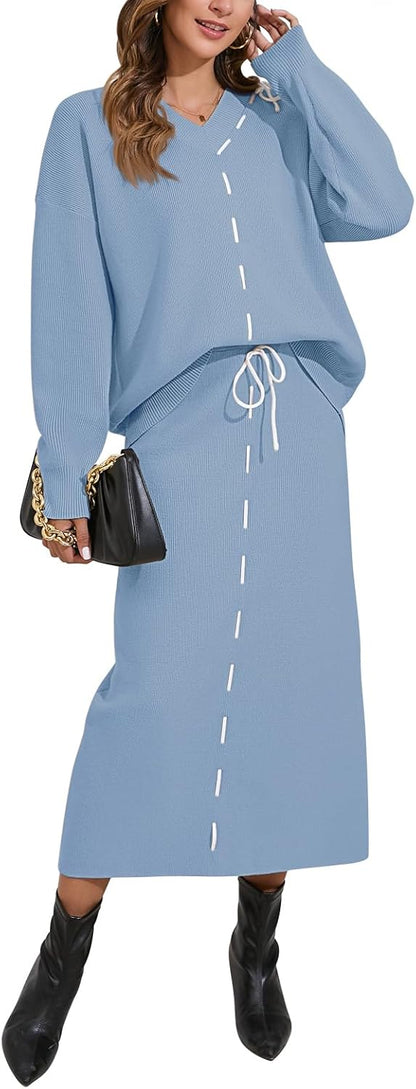 Pink Queen 2025 Women's 2 Piece Sweater Set V Neck Rib Knit Long Sleeve Maxi Bodycon Skirt Casual Outfits