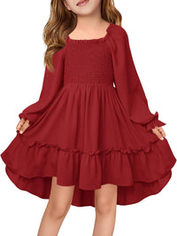 Haloumoning Girls Lantern Long Sleeve Dresses Kids Square Neck High Low Hem Smocked Fall Dress 5-14 Years