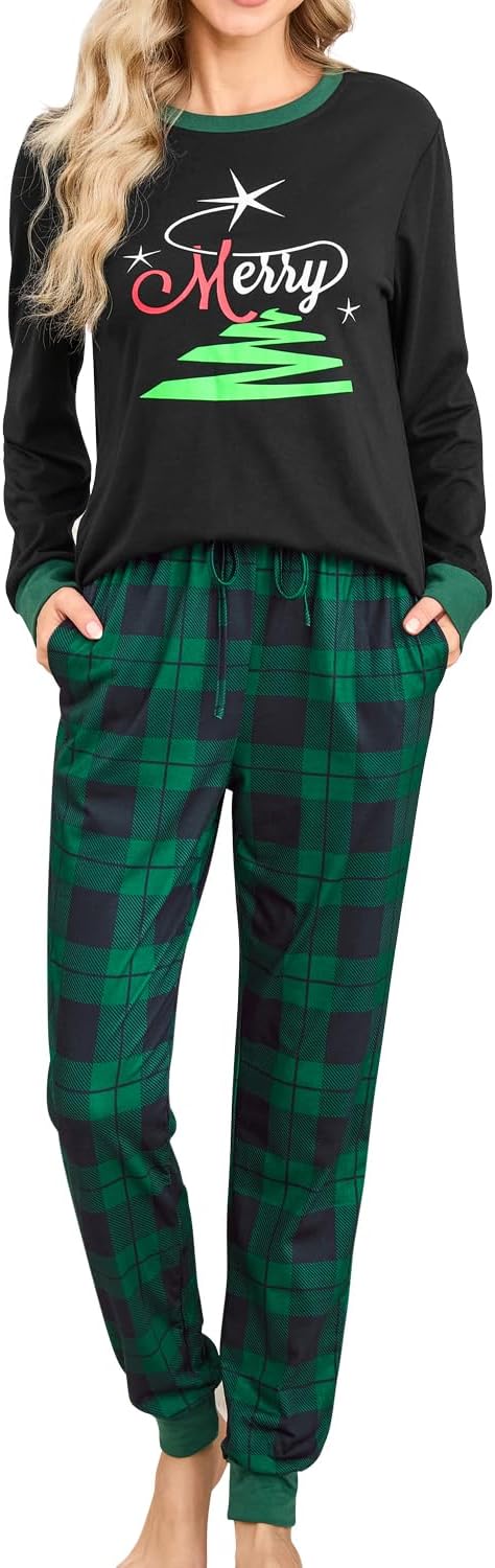 difficort Womens Christmas Pajamas Long Sleeve Pj Set Soft Plaid Pants Sleepwear with Pockets
