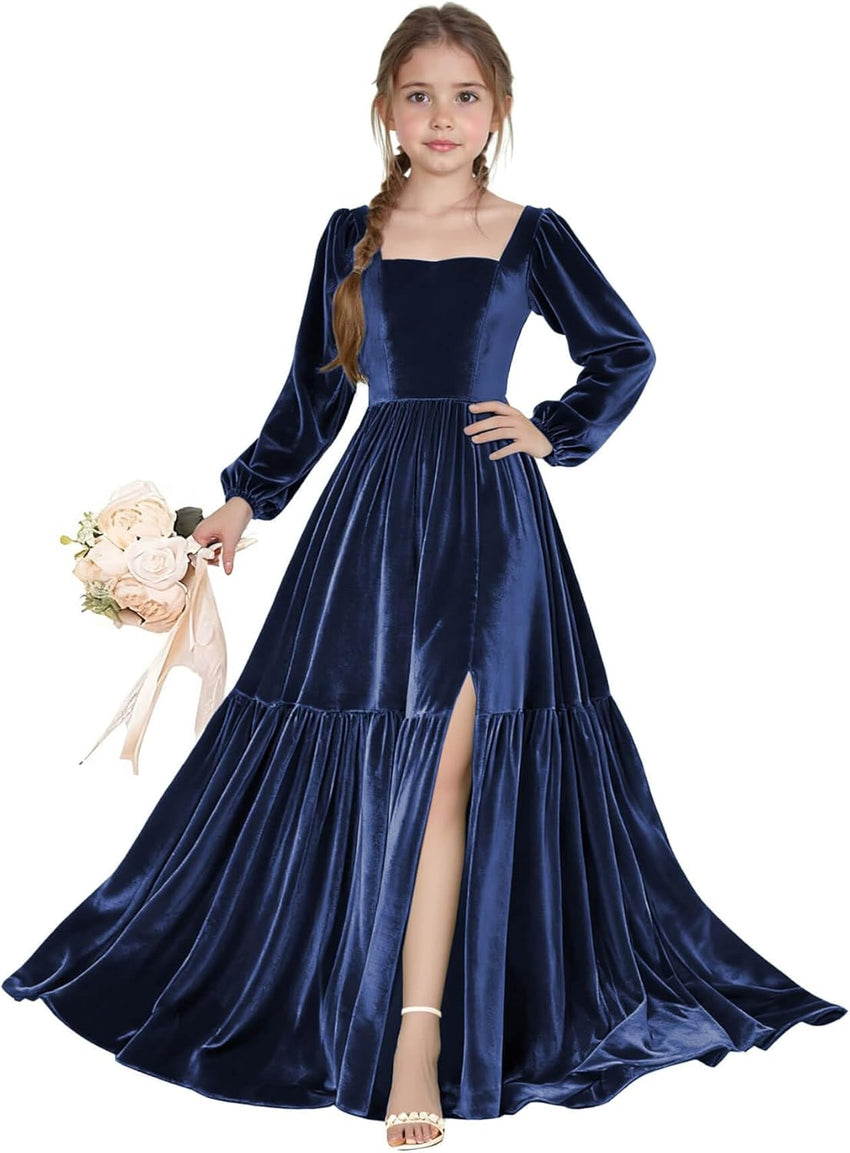 Long Sleeve Velvet Junior Bridesmaid Dresses Girls Holiday Dresses with Slit Christmas Maxi Dress Formal Party Gown