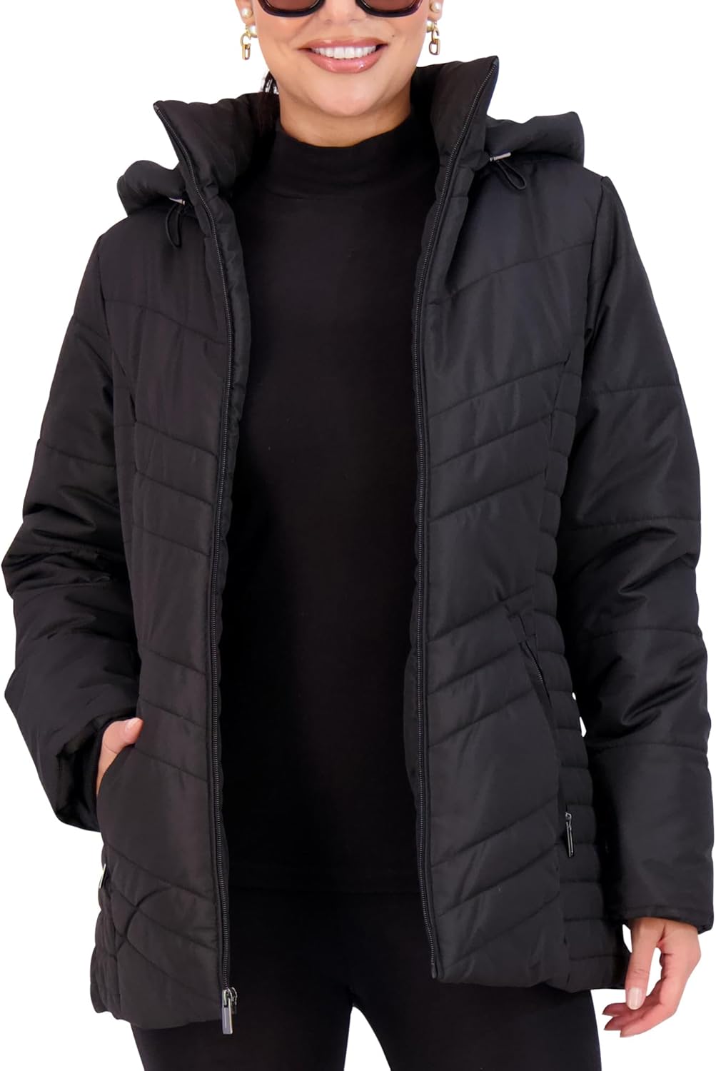 Jones NY Women's Puffer Jacket Zippered Removable Bungee Hood Womens Winter Coat