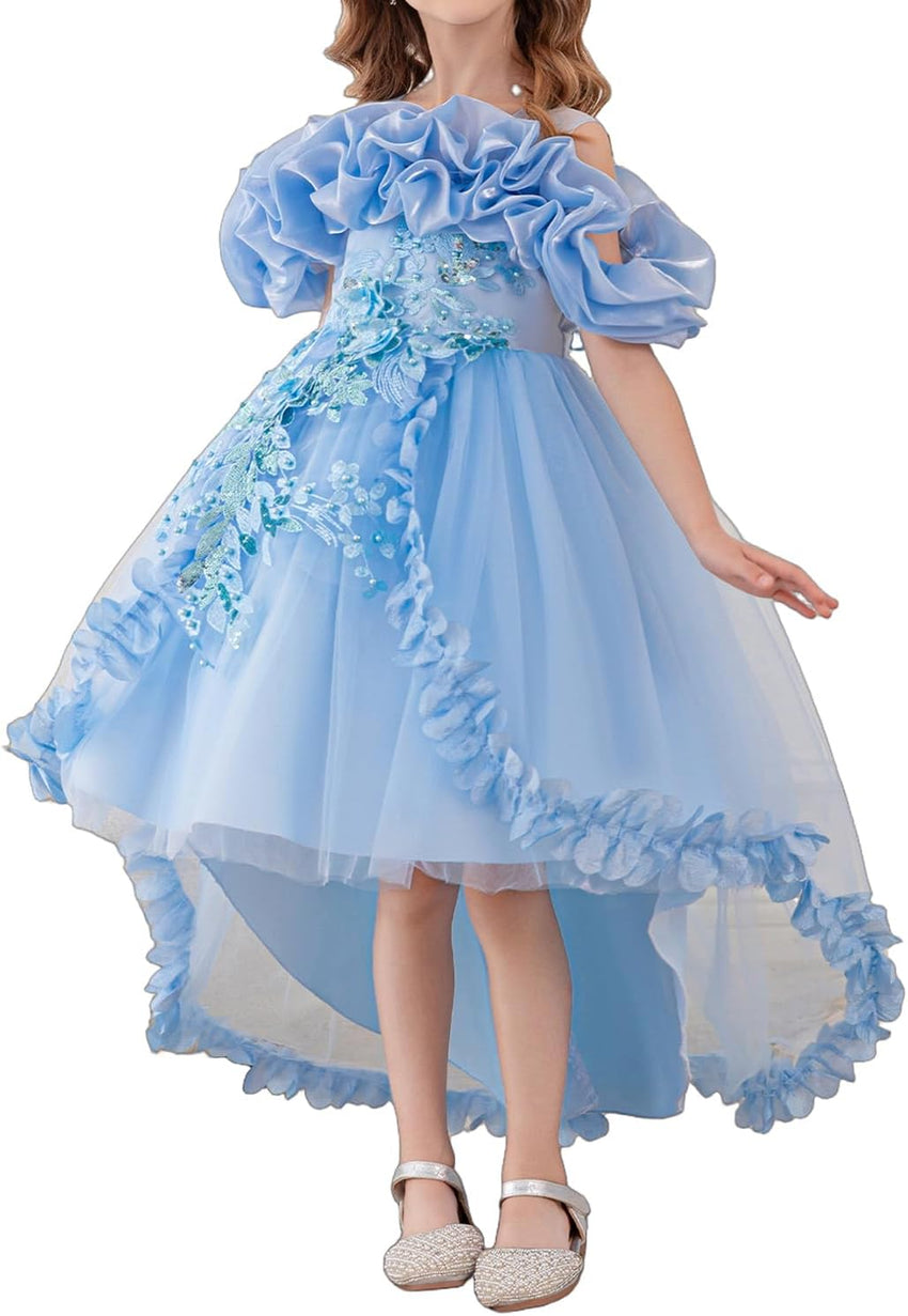 Girl's Princess Dress, Birthday Party, Pageant Gown - Ruffle Tulle Satin Princess Dresses with Kids Train