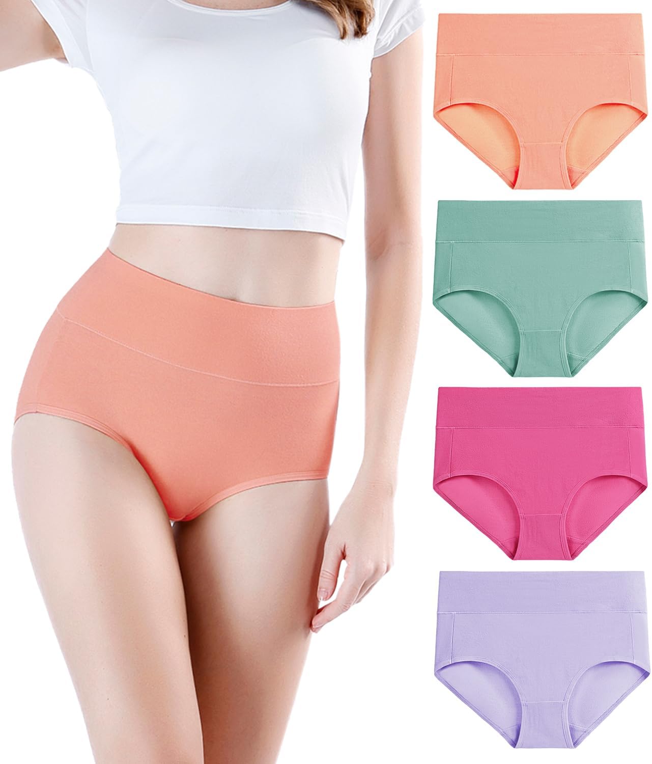 wirarpa Women's Cotton Underwear High Waisted Ladies Panties Full Coverage Briefs 4 Pack (Regular & Plus Size)
