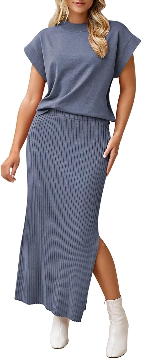 Pink Queen Women's 2 Piece Sweater Outfits Set Summer Cap Sleeve Tops Bodycon Maxi Long Skirt Knit Dresses