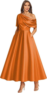 Tea Length Mother of Bride Dresses for Women Satin One Shoulder Wedding Guest Dress Formal Evening Party Gown with Pocket