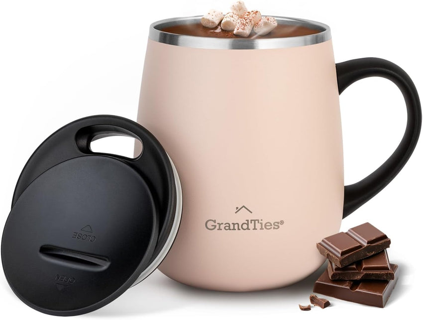 GRANDTIES Insulated Coffee Mug with Handle–Sliding Lid for Splash-Proof 16oz Wine-Glass Shape Thermal Tumbler with Double Walled Vacuum Stainless Steel to Keeps Beverages Hot or Cold-Cognac Metallic