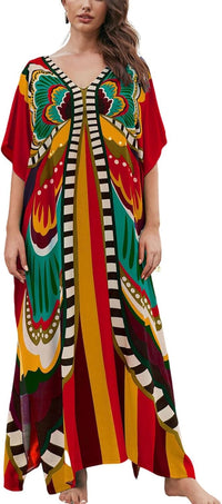 Women's Plus Size Loose Fit Moroccan Print V-Neck Batwing Kaftan Beach Dress Bathing Suit Cover Up