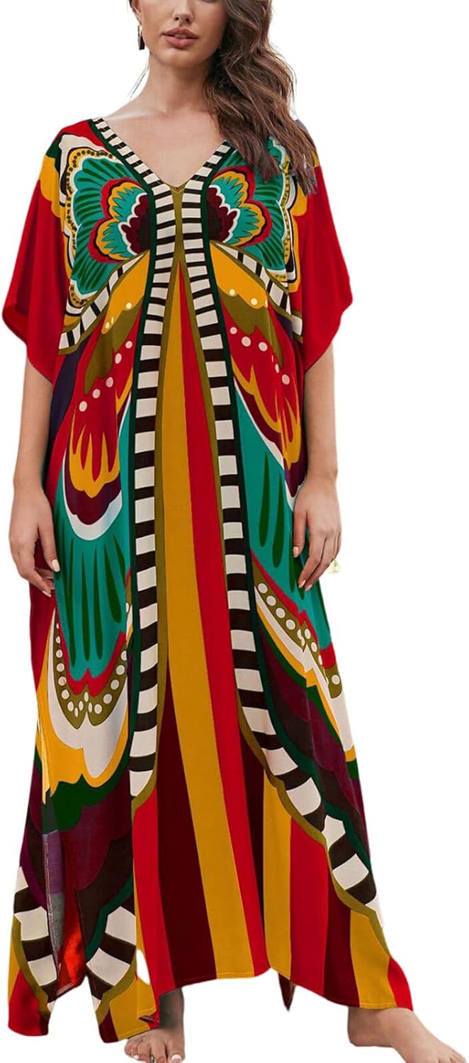 Women's Plus Size Loose Fit Moroccan Print V-Neck Batwing Kaftan Beach Dress Bathing Suit Cover Up