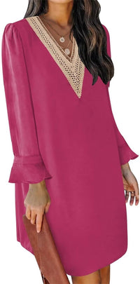 QACOHU Fall Dresses for Women 2025 Casual V Neck Long Sleeves Flowy Mini Tunic Dress