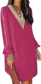 QACOHU Fall Dresses for Women 2025 Casual V Neck Long Sleeves Flowy Mini Tunic Dress