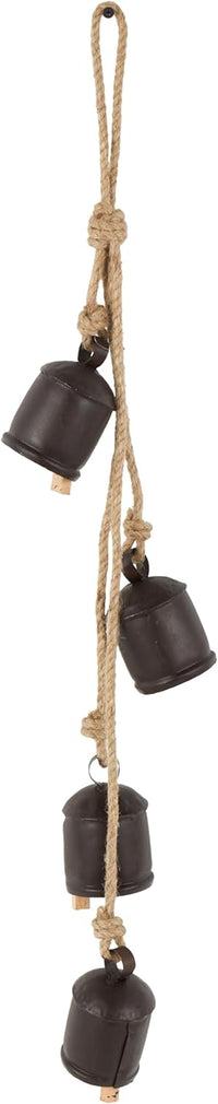 Deco 79 Gold Metal Tibetan Inspired Decorative Giant XL Cow Bells with Jute Hanging Rope, Set of 3 10",8",6"H - Cylindrical