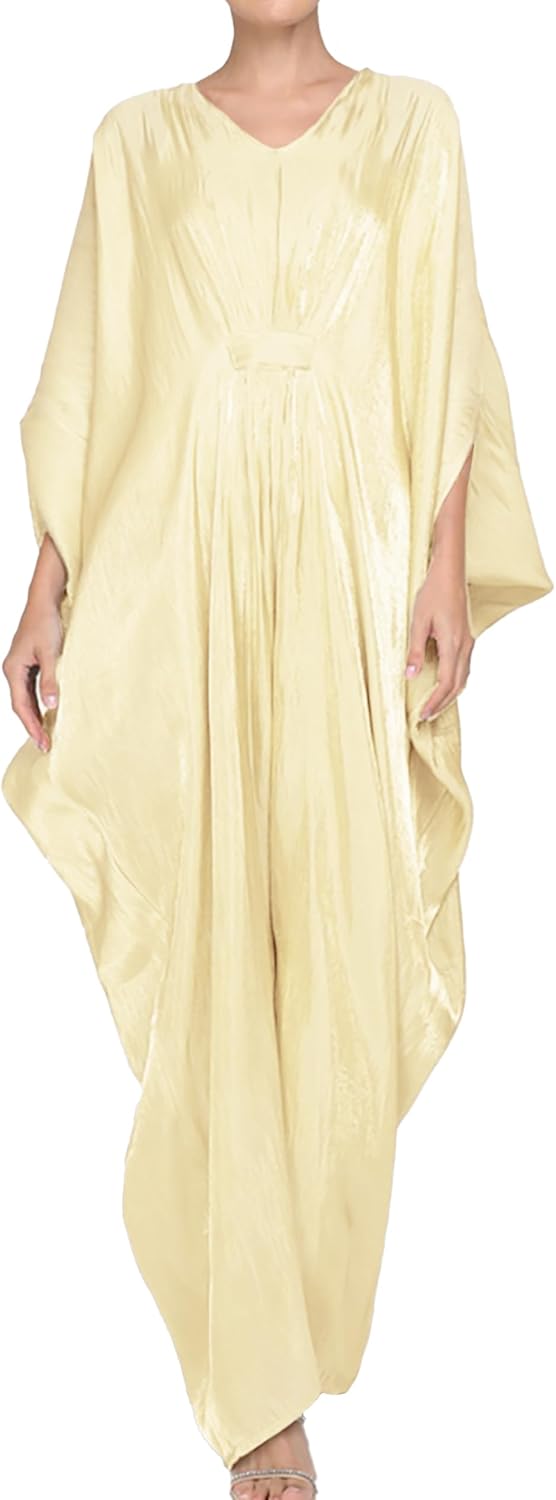 Panegy Women's Shiny Long Dress V-Neck Batwing Sleeve Kaftan Dress Solid Ethnic Maxi Robe