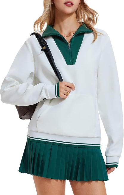 Airfree Womens 2 Piece Set Lapel Half Zip Sweatshirts High Waisted Pleated Tennis Skirt Sets Casual Sweatsuits Sporty Outfit