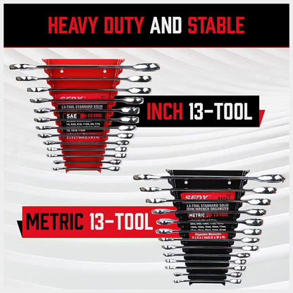 2-Pack Magnetic Wrench Organizer, 32-Slot Premium Wrench Rack Holder Tool Trays for Toolboxes Drawer Storage, SAE (1/4" - 1-1/16") & Metric (6mm - 24mm)