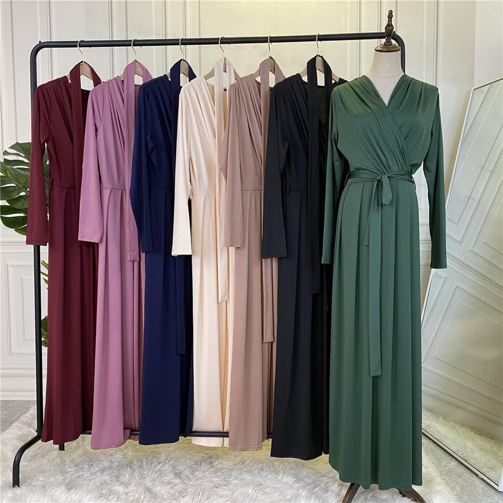 FPOVFPO Women's Muslim Abaya Dress - One-Piece V Neck Belt Tie Islamic Full Length Kaftan Daily Casual Dress