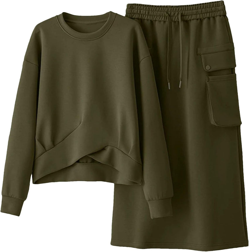 Women Spring Fall Sweatshirts Dress Sets Long Sleeve Hoodies Midi Skirt Two-Piece Set