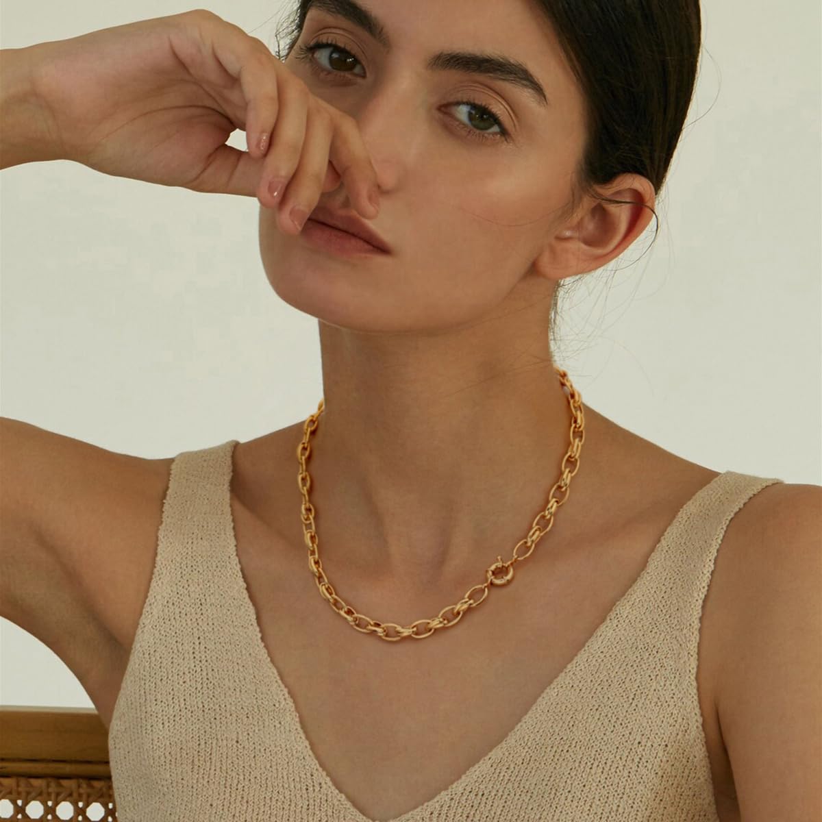 Aobei Pearl 18K Gold Plated Paperclip Chain Choker Satellite Chain Freshwater Cultured Biwa Pearl Pendant Necklace Dainty Turquoise Jewelry for Women