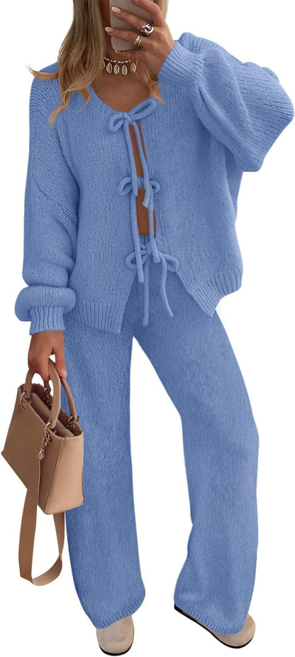 ZESICA Women's 2 Piece Outfits Lounge Pajama Sets 2025 Fall Long Sleeve Cardigans Wide Leg Pants Matching Winter Clothes