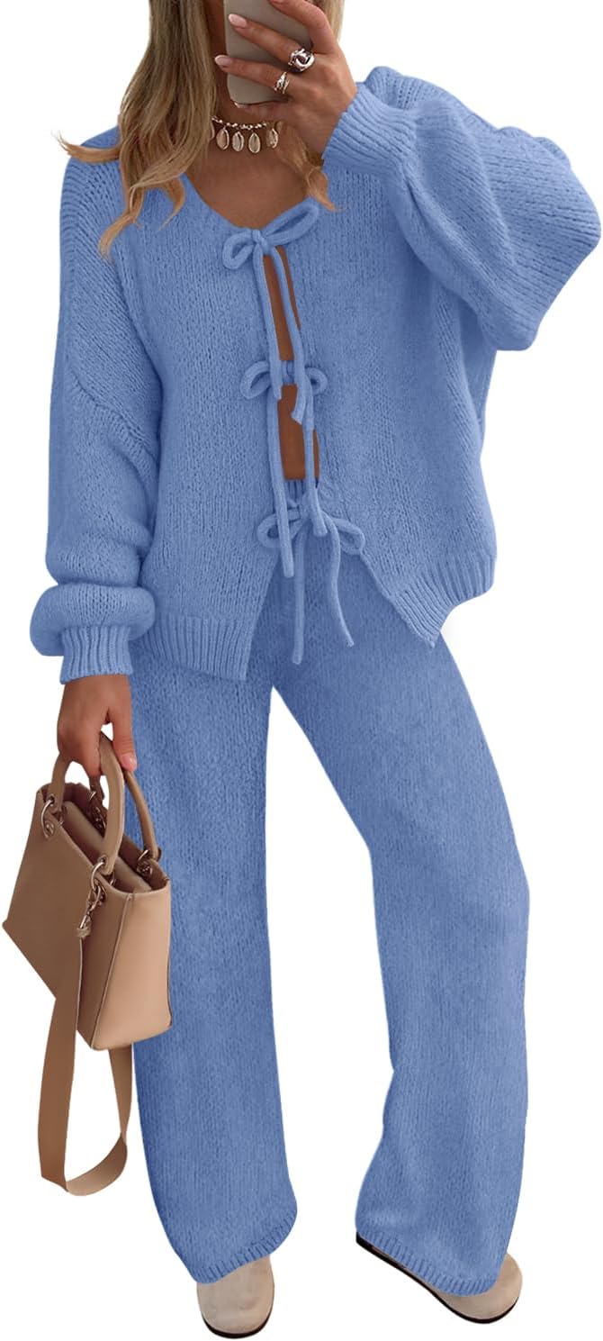 ZESICA Women's 2 Piece Outfits Lounge Pajama Sets 2025 Fall Long Sleeve Cardigans Wide Leg Pants Matching Winter Clothes