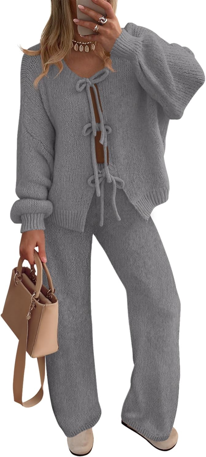 ZESICA Women's 2 Piece Outfits Lounge Pajama Sets 2025 Fall Long Sleeve Cardigans Wide Leg Pants Matching Winter Clothes