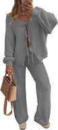 ZESICA Women's 2 Piece Outfits Lounge Pajama Sets 2025 Fall Long Sleeve Cardigans Wide Leg Pants Matching Winter Clothes