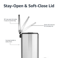 Amazon Basics Smudge Resistant Rectangular Trash Can With Soft-Close Foot Pedal, Brushed Stainless Steel, 50 Liter/13.2 Gallon, Satin Nickel Finish, 16.7"L x 14.7"W x 25.9"H