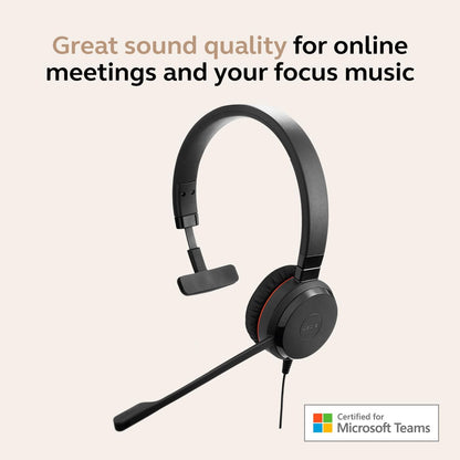 Jabra Evolve 30 II Wired Single-Ear Headset with Mic for Work - 3.5mm Jack, USB-A/USB-C Connectivity, Computer Headset with Noise-Cancelling Microphone, Microsoft Teams Certified, Call Control - Black