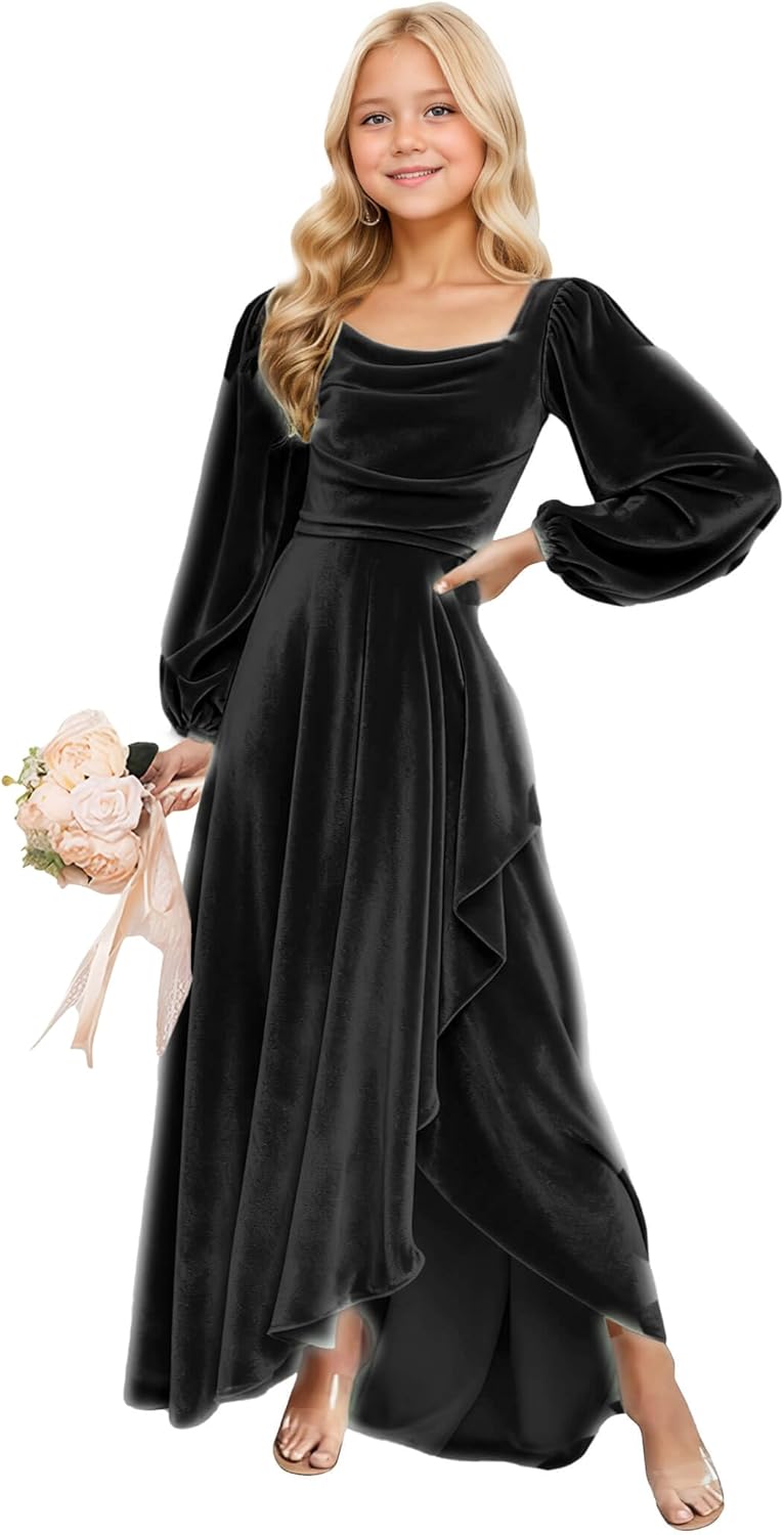 Long Sleeve Junior Bridesmaid Dresses Velvet Flower Girl Dress for Wedding Party Pageant Gown with Ruffle