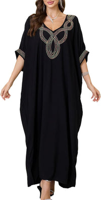 Women V Neck Embroidery Kaftan Dress Loose Casual Beach Cover Up Long Caftans Maxi Dresses