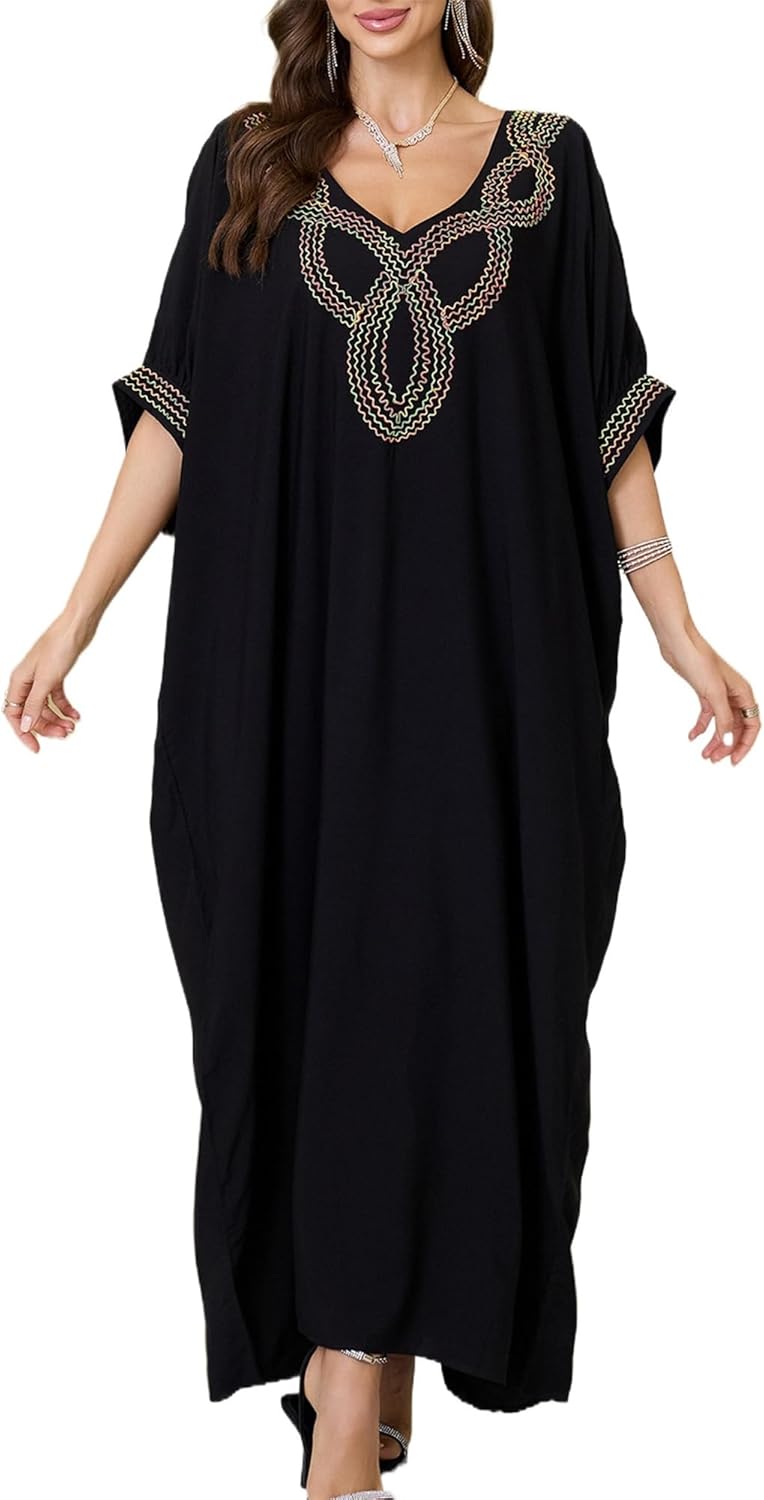 Women V Neck Embroidery Kaftan Dress Loose Casual Beach Cover Up Long Caftans Maxi Dresses