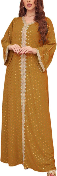 FPOVFPO Women's Muslim Abaya One-Piece V Neck Bronzing Dress Islamic Full Length Kaftan Daily Casual
