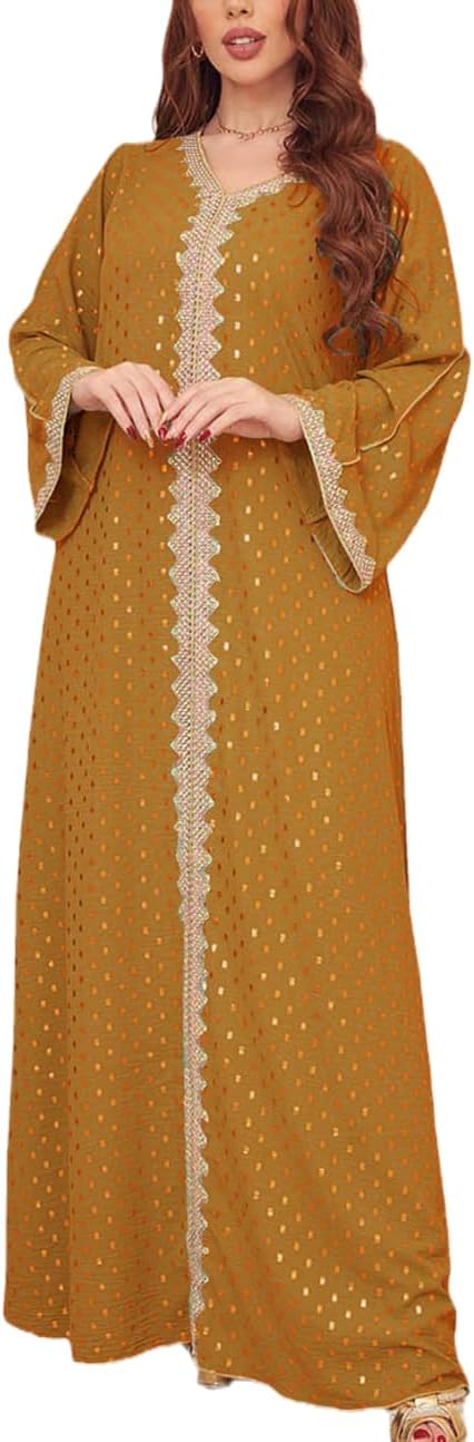 FPOVFPO Women's Muslim Abaya One-Piece V Neck Bronzing Dress Islamic Full Length Kaftan Daily Casual