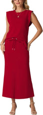 GRECERELLE Women Summer 2 Piece Sets Round Neck Wrinkle-Free Top & Elastic Waist Midi Fishtail Skirt with Pockets(XS-3XL)