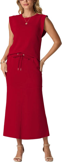 GRECERELLE Women Summer 2 Piece Sets Round Neck Wrinkle-Free Top & Elastic Waist Midi Fishtail Skirt with Pockets(XS-3XL)