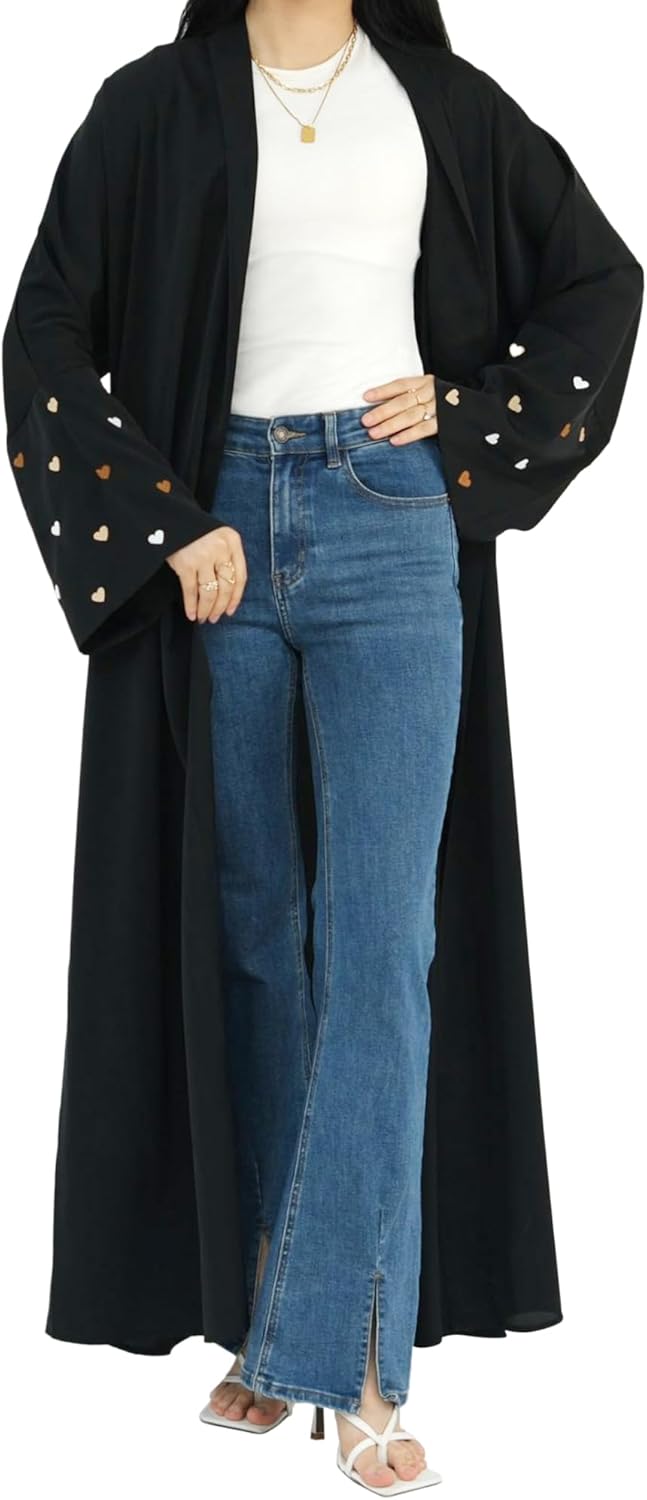 Abayas for Women Muslim Islamic Dubai Cardigan Open Front Chiffon Dress Long Sleeve Maxi Abaya Long Kaftan Robe(No Scarf)