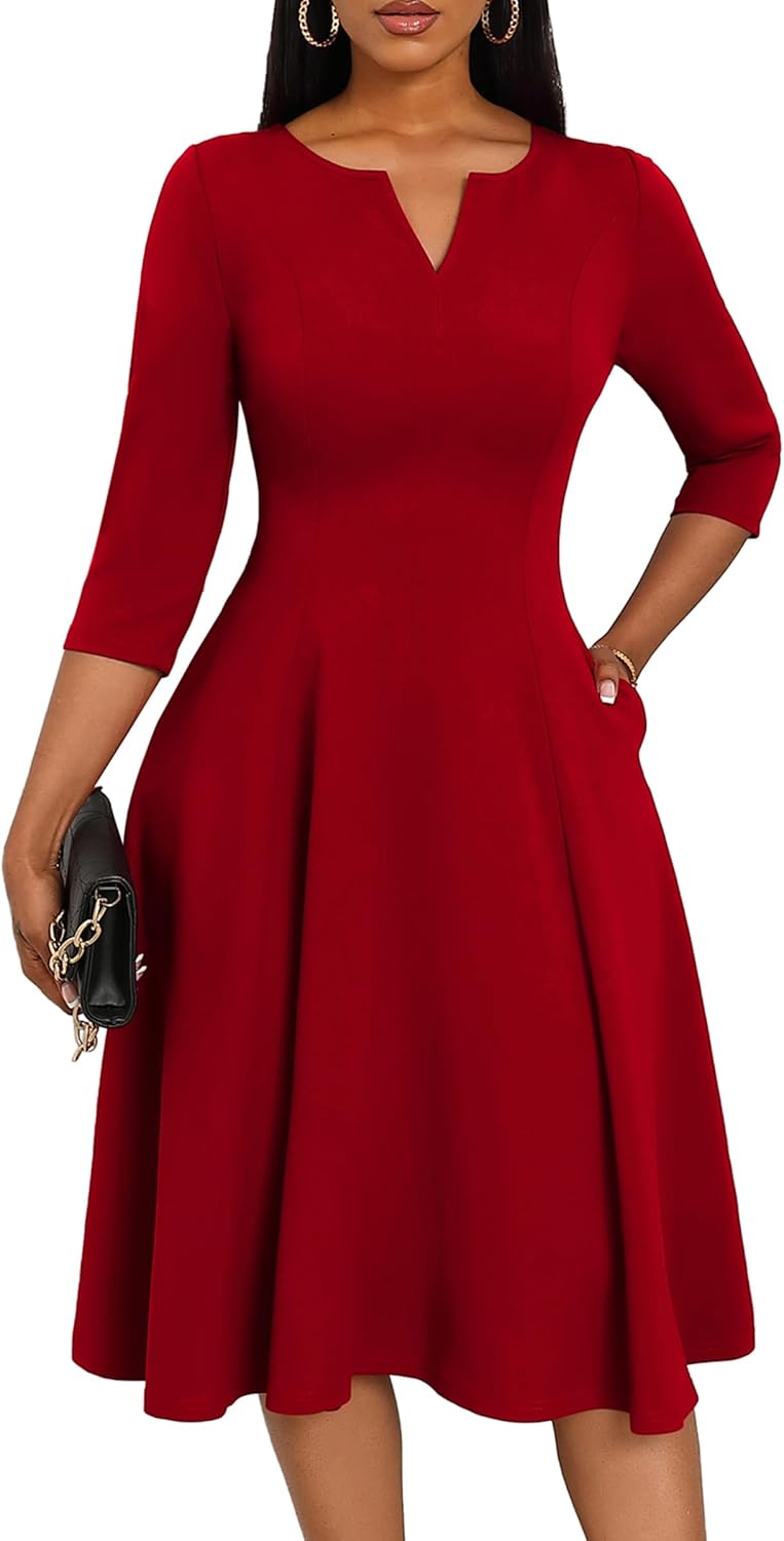 Nmoder Midi Dresses for Women A-Line Fit and Flare Dress 3/4 Sleeve V Neck Cocktail Wedding Guest Work Dress with Pockets
