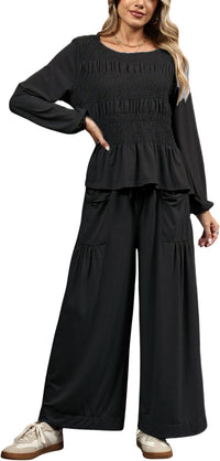 Womens 2-Piece Boho Long Sleeve Smocked Top & Wide Leg Pants Set Casual Lounge Outfit with Pockets