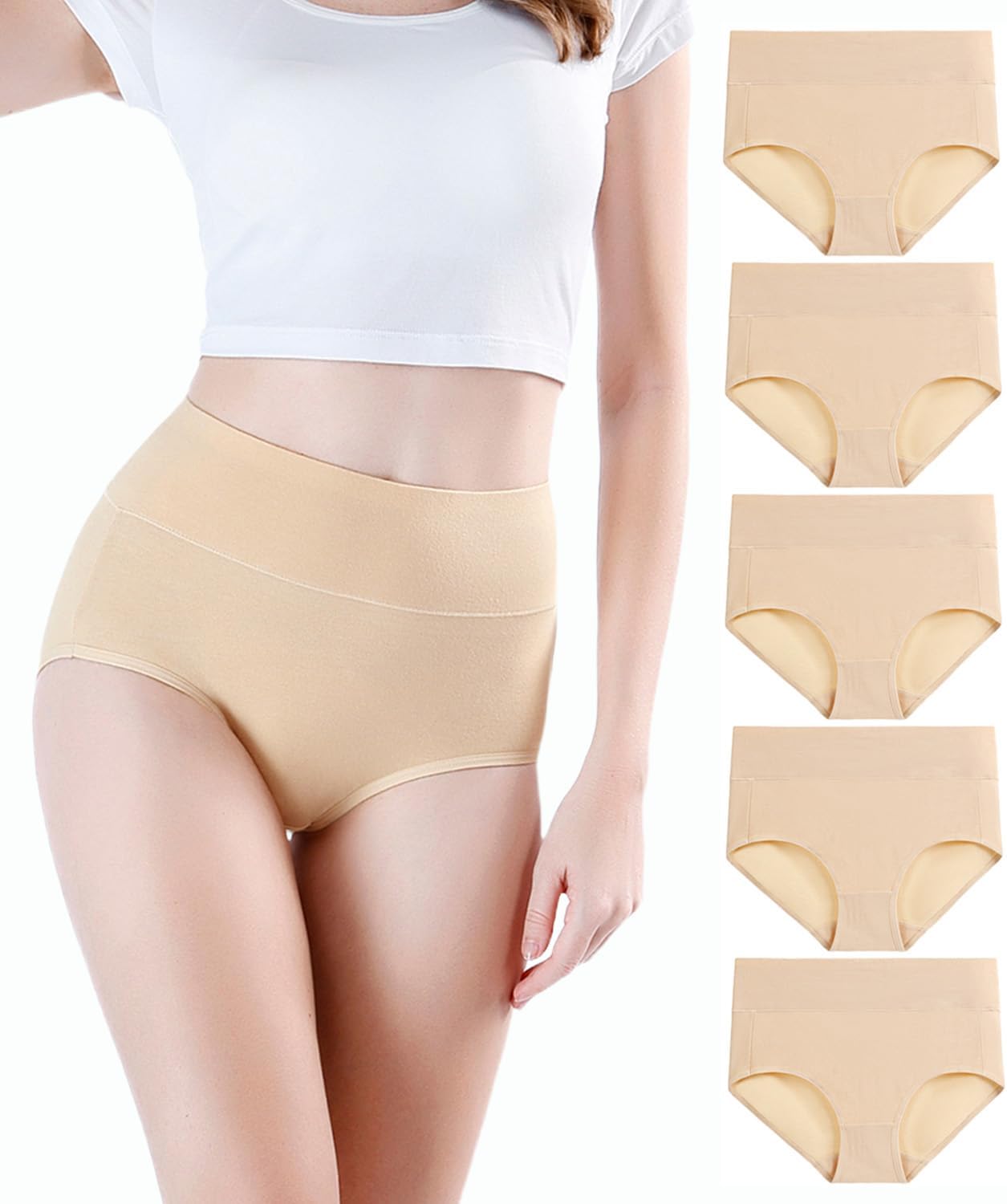 wirarpa Women's Underwear High Waisted Ladies Cotton Panties Soft Full Coverage Briefs 5 Pack (Regular & Plus Size)