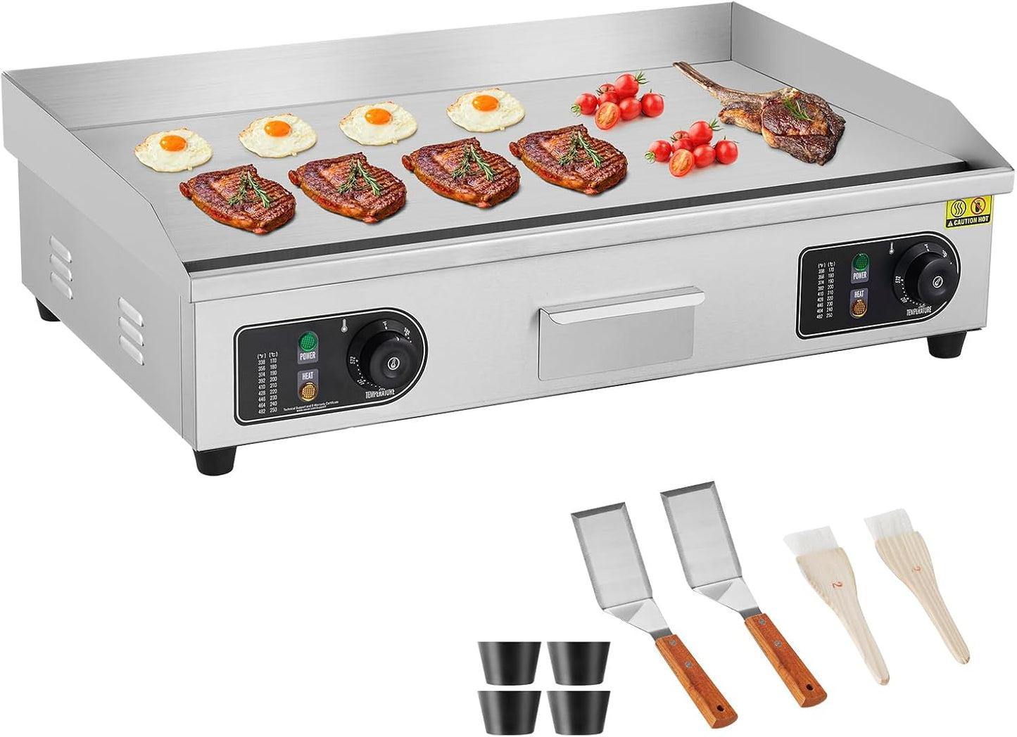 VEVOR Commercial Electric Griddle, 1600W Countertop Half-Flat Top Grill, 22in Stainless Steel Griddle Grill with 2 Shovels and 2 Brushes for Home or Restaurant, 122℉-572℉ Adjustable Temp