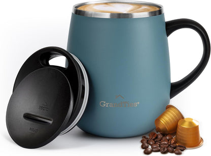 GRANDTIES Insulated Coffee Mug with Handle–Sliding Lid for Splash-Proof 16oz Wine-Glass Shape Thermal Tumbler with Double Walled Vacuum Stainless Steel to Keeps Beverages Hot or Cold-Cognac Metallic