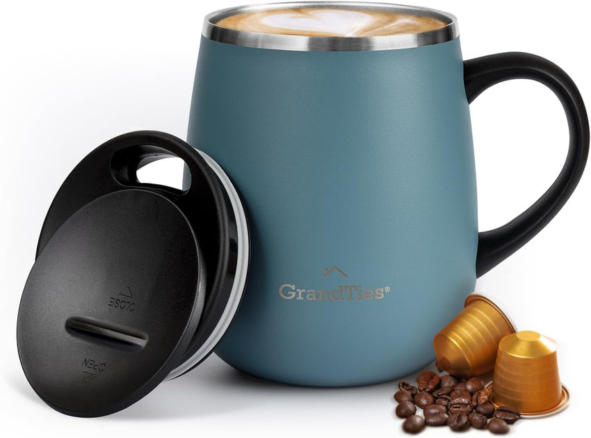 GRANDTIES Insulated Coffee Mug with Handle–Sliding Lid for Splash-Proof 16oz Wine-Glass Shape Thermal Tumbler with Double Walled Vacuum Stainless Steel to Keeps Beverages Hot or Cold-Cognac Metallic