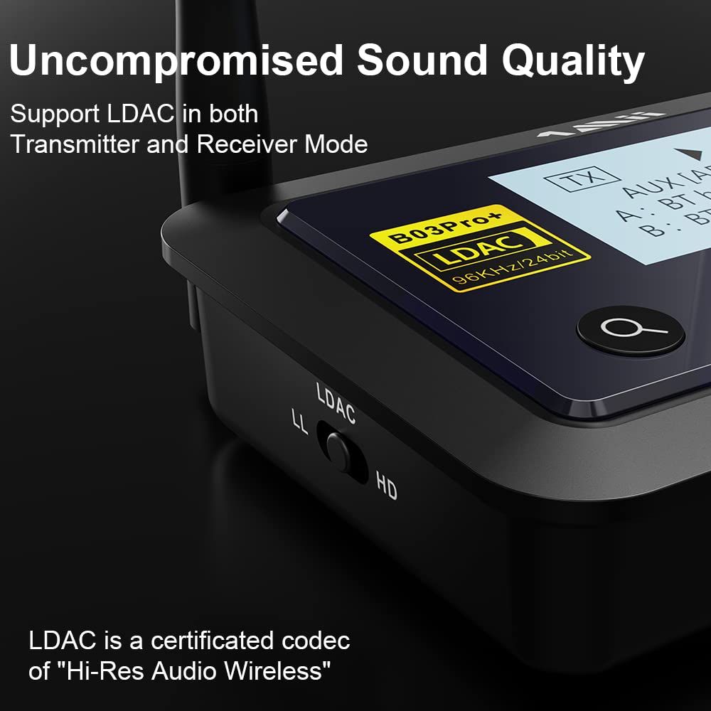 1Mii B03Pro+ Bluetooth 5.3 Transmitter Receiver Certified LDAC for TV Home Stereo, Long Range Bluetooth Extender Wireless Audio Adapter with Screen, Optical RCA AUX 3.5mm Outputs/Inputs