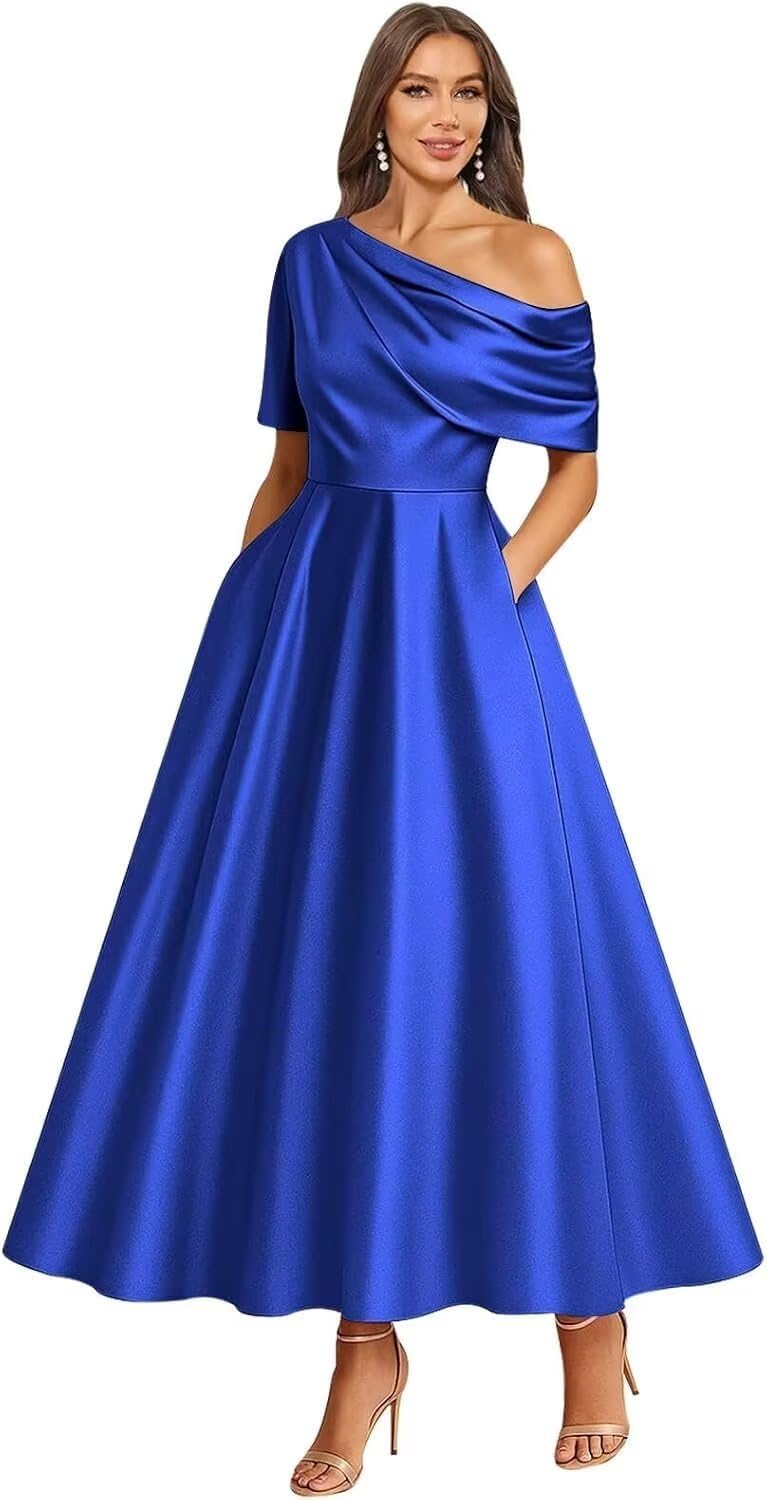 Tea Length Mother of Bride Dresses for Women Satin One Shoulder Wedding Guest Dress Formal Evening Party Gown with Pocket