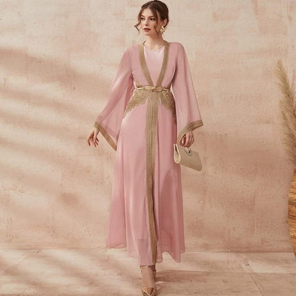 Embroidery Jalabiya Chiffon Abaya Dress for Women Dubai Sadui Muslim Eid Clothes