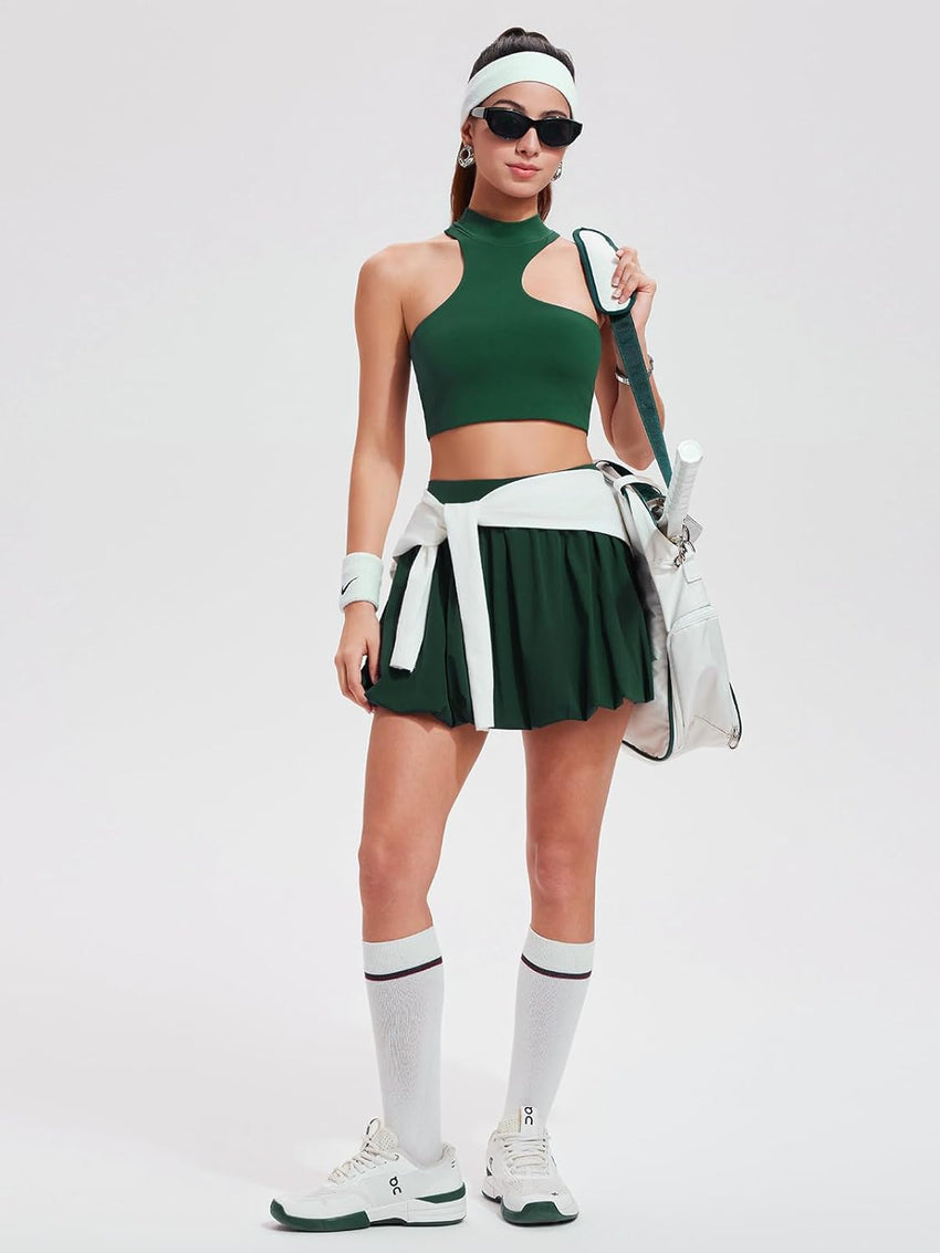 Airfree 2 Piece Sets for Women Tennis Skirt Set Mock Neck Sports Bra Irregular Crop Tank Bubble Skirt Outfits Set