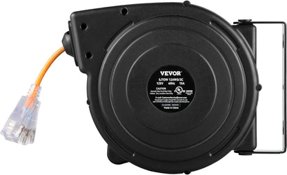 VEVOR Retractable Extension Cord Reel, 45 FT, Heavy Duty 12AWG/3C SJTOW Power Cord, with Lighted Triple Tap Outlet, 15 Amp Circuit Breaker, 180° Swivel Bracket for Ceiling or Wall Mount