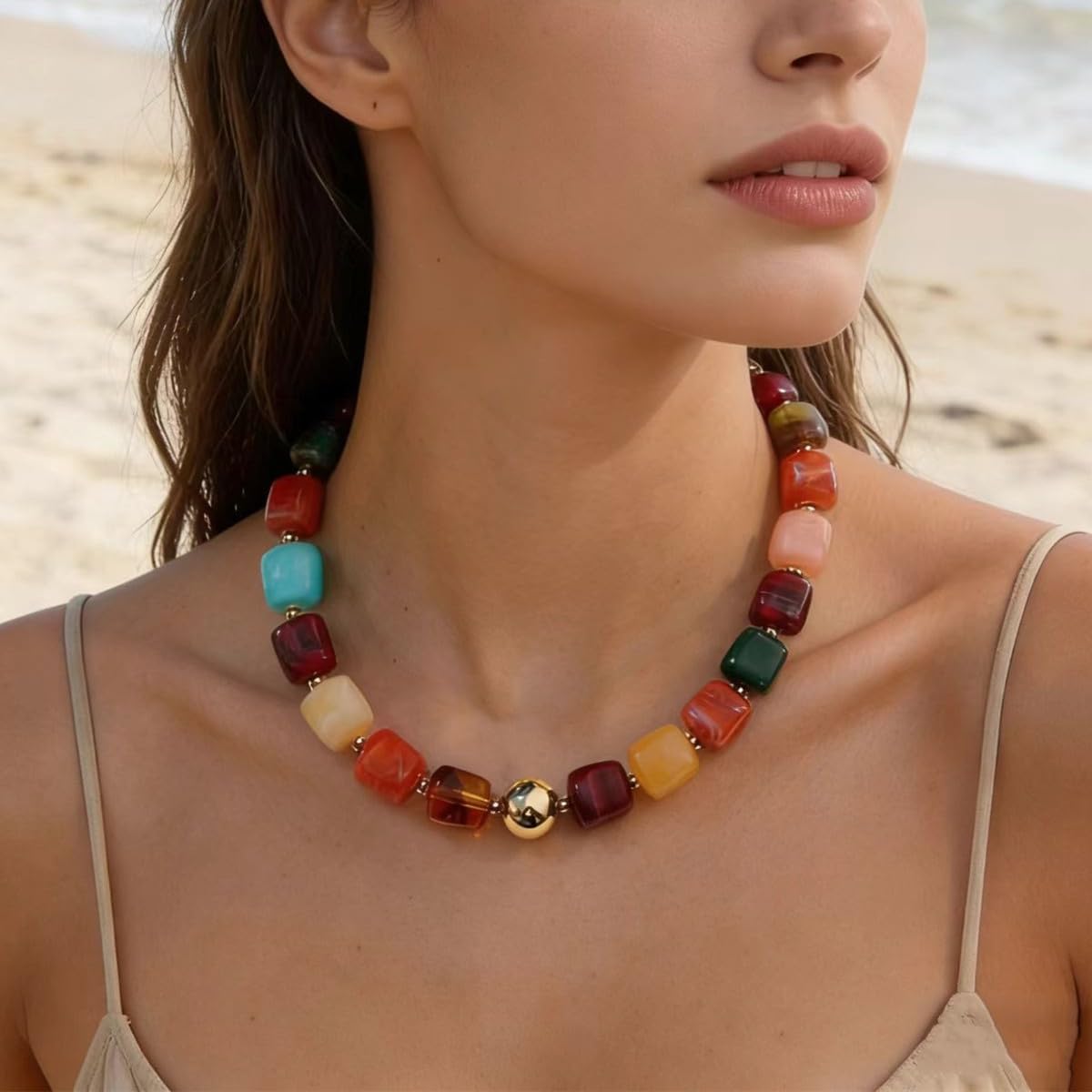 Chunky Beaded Statement Necklace for Women Trendy Colorful Boho Resin Bead Choker Necklaces Summer Handmade Jewelry Gifts Accessories